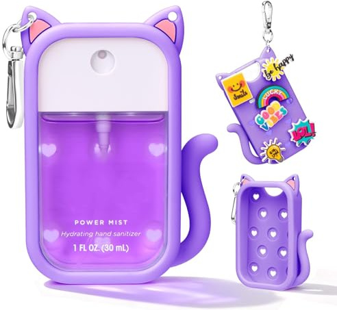 InteDesign Silicone Protective Case for Hand Sanitizer Spray - Cute Cat Ear Protective Case with Keychain & 6 Decorative Charms Compatible with Mist Spray Bottle (Purple)