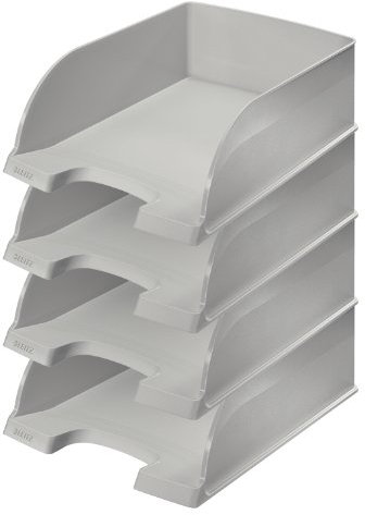 Leitz Briefkorb A4 Jumbo, 4er Pack, Briefablage mit extra großem Fassungsvermögen in Premium-Qualität, Stapelbare Ablagefächer als Schreibtisch-Organizer, Kombinierbar mit Plus-Serie, Grau, 52330085