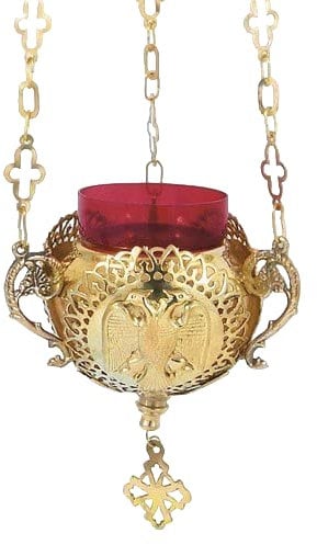 IconsGr Griechisch-christlich-orthodoxe, vergoldete Bronze-Öllampe mit Kette, 9894 g