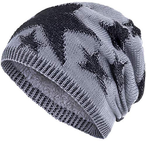 Compagno Sternen Wintermütze warm gefütterte Beanie Flechtmuster Einheitsgröße Mütze, Farbe:Hellgrau