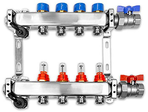 Verteiler für Fußbodenheizung, 4 Heizkreise, inkl. waagerechter Anschlussgarnitur Set
