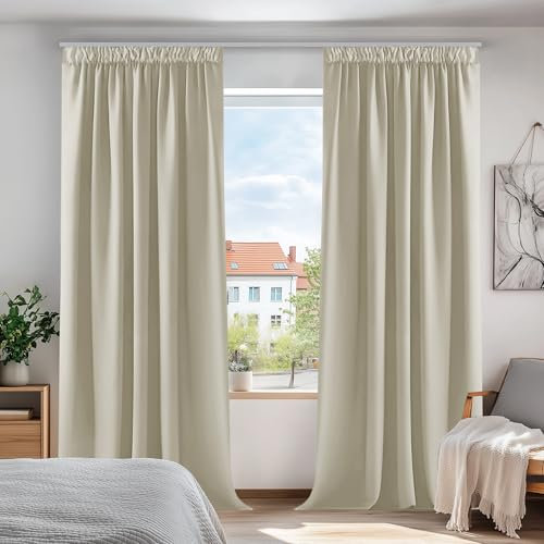 Deconovo Blickdichte Gardine mit Kräuselband Küche Vorhang Fenster dicke Thermogardine Kälteschutz warm Hitzeschutz, 242x132cm(HöhexBreite), Creme, 2er Set