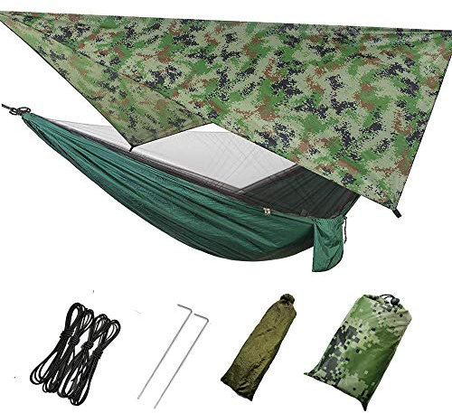3in1 Camping Hängematte mit Zipper Moskitonetz und Zeltplane,300kg Last Kapazität Hängematten Atmungsaktiv Moskitonetz Schnell Trocknend Plane für Camping Wandern Reise Hof (Armeegrüne Plane)