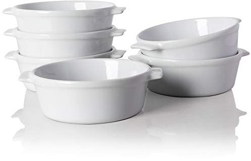 Sweejar Lot de 6 ramequins ronds à double poignée en céramique pour pudding, crème brûlée, soufflé, 293,5 g (blanc)