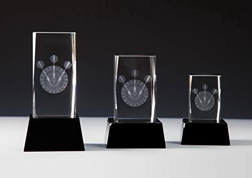 Henecka Dart-Pokal, Glastrophäen 3D-Lasermotiv Darts, Kristallglas, schwarzer Glassockel, mit Wunschgravur, wählbar in 3 Größen, oder als 3er-Serie
