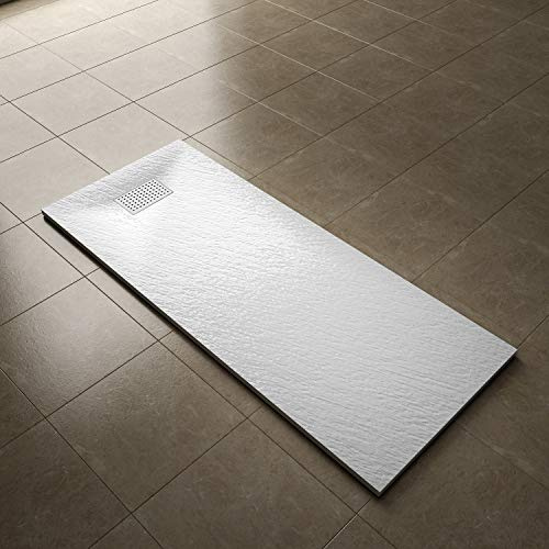 ELEGANT 1700x700mm Slate Effect Shower Tray Slip-Resistance Rectangle Shower Base Tray with Waste and Drain Cover & Grate