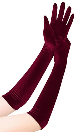 EORUBE Long Opera Gloves for Women Velvet Gloves 1920s Flapper Stretchy Elbow Length Halloween Costume (Deep Burgundy)
