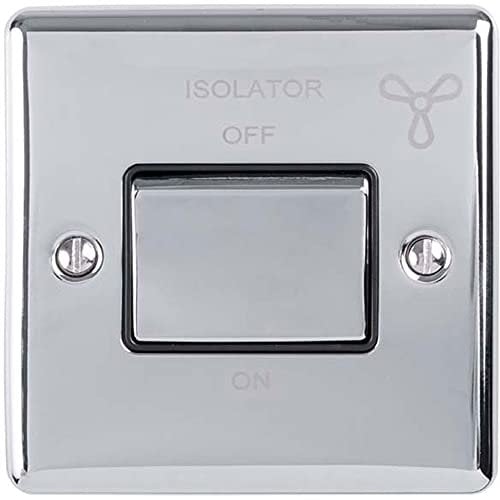 6A Extractor Fan Isolator Switch –POLISHED CHROME & Black Trim– 3 Pole Shower Bathroom Decorative Wall Plate & Metal Rocker – On/Off Mains Power Switch For Demisting & Steam