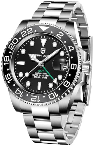 CADISEN Pagani Design GMT Herren-Armbanduhr, mechanisch, vollautomatisch, 40 mm, Datum, 100 m, wasserdicht, Edelstahl, wasserdicht, drehbar, Keramik-Lünette, Sportuhr für Herren