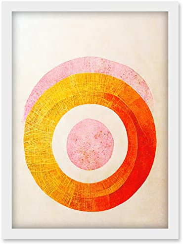 Doppelganger33 LTD Boho Abstract Line Painting Pastel Patterned Autumn Circles Of Pink, Yellow And Orange Artwork Framed Wall Art Print A4