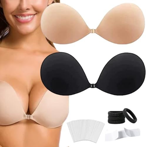 2 Pack Invisible Sticky Adhesive Invisible Bra Strapless Push Up Bra Backless Resuable Bra and Nipple Covers for Evening Wear Size B (as8, Cup_Band, b)…
