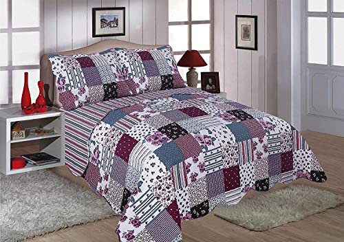 bentley priory Patchwork Bedspreads Quilted King Size Double Size Single Bedspread Blue and White bed Throw with stripes and checks or Maroon bed coverlet with flower (Maroon Freya, Single)