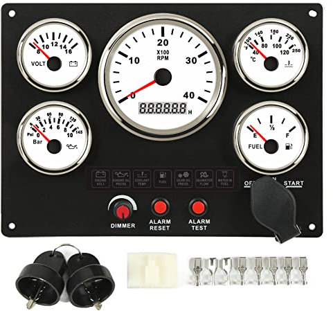 Boat Gauge Panel, Boat Instrument Panel 4000RPM Tachometer Fuel Level Water Temperature Oil Pressure Meter Voltmeter 5 Dash Gauge Set (White Dial)
