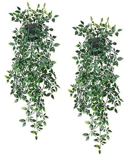 2 Pack Artificial Potted Plants Indoor/Outdoor, Plastic Fake Pot Hanging Vines Plants, UV Resistant Plants Greenery Faux Mandala Leaves for Living Room, Bedroom, Kitchen, Office, Balcony
