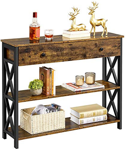 Abician Table Console en Bois et Métal Table d’entrée Industrielle avec 1 Grand Tiroir et 2 Étagères Bout de Canapé de Salon Cuisine Chambre Couloir Brun Rustique 100×30×80cm