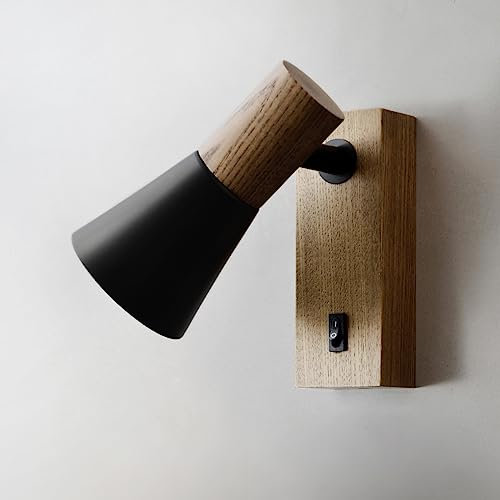 ouglres Wandlampe mit Schalter,Holz Wandleuchte Vintage,Modern Innen Wandlampe, Schwarz Aluminium Lampenschirm Drehbar,Bettlampe Wandlampen für Schlafzimmer Bett,Wohnzimmer,Flur,E14,1PACK