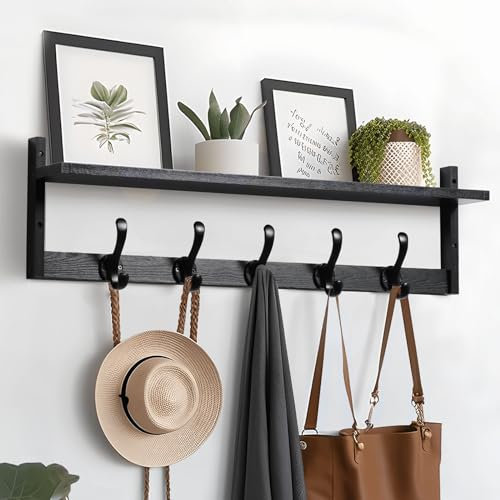 Tatub 29'' Coat Rack Wall Mount with Shelf, Wood Wall Hooks with Storage, Entryway Shelf with 5 Coat Hangers for Bathroom, Living Room, Bedroom, Black
