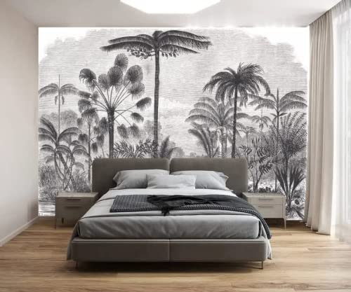 Papier Peint Panoramique 3D Jungle Avec Cocotiers En Noir Et Blanc Papier Peint 3D Intissé Moderne Décoration Murale