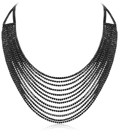 EVER FAITH Mehrschichtige klobige Halskette, Glitter Schwarz Strass Wasserfall Mehrstrang Multi-Strand Ketten Statement Lätzchen Halskette lange Kette Modeschmuck