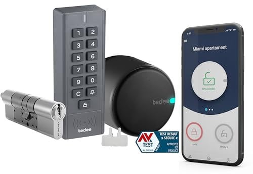 tedee Go Smart lock mit Tastatur, Zylinder 30-61/37-68mm und Bluetooth, elektronisches Schloss mit Code verwandelt Ihr Smartphone in einen Schlüssel, smartes Türschloss Sicherheit mit AV-TEST, Schwarz