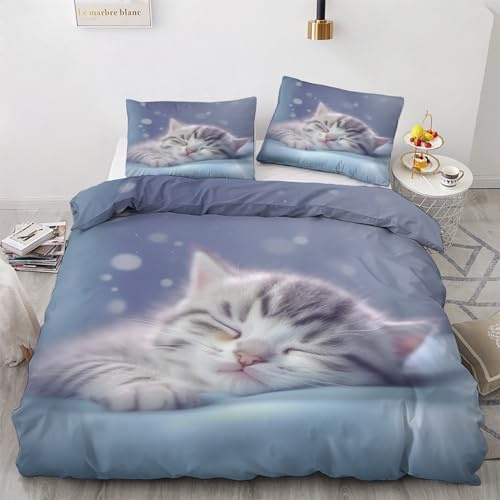 GEDAEUBA Winter Bettwäsche 140x200 Katze - Süße Kätzchen Bettbezug 140x200 2er Set, Wendebettwäsche und Kissenbezug 70x90, Weiche & Angenehme & Warme Mikrofaser Bettwäsche-Sets mit Reißverschluss