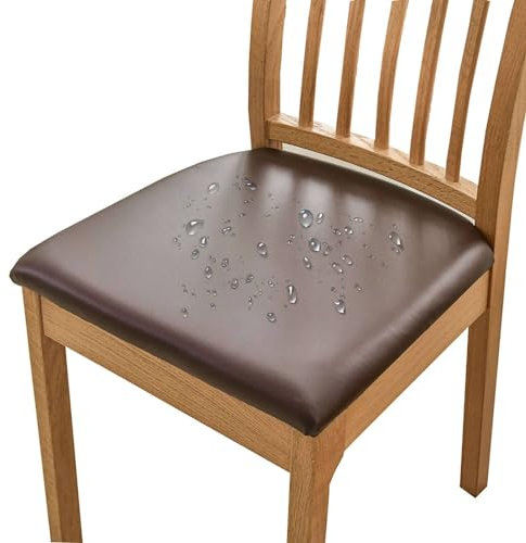 HOMECOVER Esszimmerstuhl Sitzbezüge 6er Set Wasserdicht Stuhlbezug, PU Leather Stuhlbezug Sitzfläche Abnehmbar Stretch Esszimmerstuhl Sitzbezüge Für Esszimmerstühle-6er Set-braun