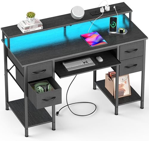 Yornoli 120CM Computer Desk with 4 Fabric Drawers Gaming Desk with LED Lights & Power Outlets for Small Spaces Home Office Desk with Monitor Stand for Bedroom (Black)