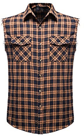 Herren Sommer Lässige Mode Ärmellose Karierte Weste Button-Down-Hemd Jagdbekleidung Herren Hemd (Brown, XL)