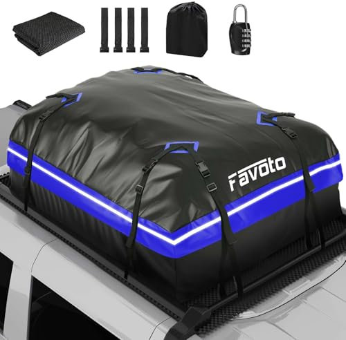 Favoto Dachtasche Faltbarer 425L Dachbox Dachkoffer wasserdicht mit Antirutschmatte Türhaken Verstärkungsgurte für PKW Autos SUVS mit/ohne Gepäckträger Reisen Gepäcktransport Blau