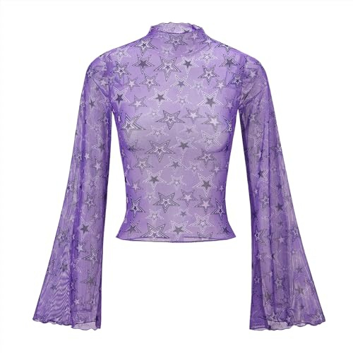 Durio 70s Womens Bell Sleeve Top Floral Tops for Women Disco Outfit Mock Neck Flare Tops Semi Sheer Mesh Long Sleeve Top, Purple Star, L Plus