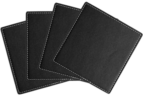 uxcell Square Drink Coasters Set of 4 White Stitched Dual Sided Non-Slip Non-Stick Waterproof Leather Coasters for Drinks, Coffee Table, Housewarming Gifts, Home Decor 4×4Black