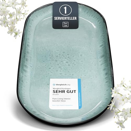 Steingut Servier Teller Groß Ibiza TESTSIEGER, Hochwertige Mediterrane Steingut Servierplatte, Serving Plate Oval, Servierteller Groß - Pure Living in Salbeigrün