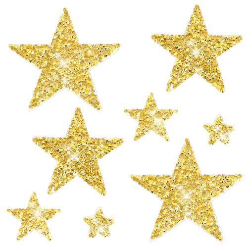 Aufnäher zum Aufbügeln 8 Stück, Patches-zum-Aufbügeln, Gold Strass Sterne Zum Aufbügeln für Textilien, Strass Aufnäher Bügel Patches Flicken für Kleidung T-Shirt DIY Rucksack Hut Jean