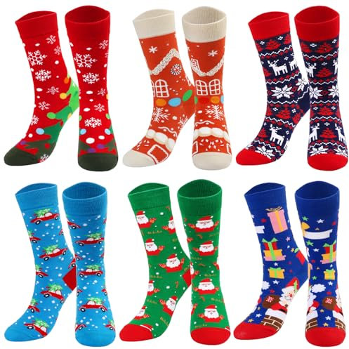BOOMTOP 6 Paar Unisex Weihnachtssocken Lustige Weihnachten Socken Damen Herren Baumwollsocken Santa Rentier Weihnachtsstrümpfe Weihnachten Geschenke Kleinigkeiten Mitbringsel Adventskalender Füllung