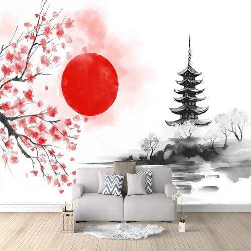Japanese Style Red Sun Architecture Wallpaper Bedroom Kids Boys 3D Wallpaper Mural White Kids Teens Room 3D Poster Photo Wall Decoration Themed Room Playroom 400x280 cm