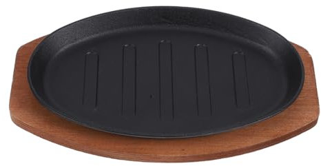 BEBEMOKO Cast Iron Griddle Plate Wooden Tray Steak Plate Iron Grill Outdoor Barbecue Pan Kitchen Steak Pan