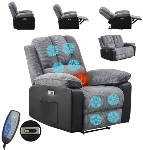 TRIOBLADE Electric Power Recliner Chair with Massage & Heat Recliner Armchair Massage Sofa Chair for Elderly Ergonomic Lounge Single Sofa for Living Room (Cord Fabric-Singer)