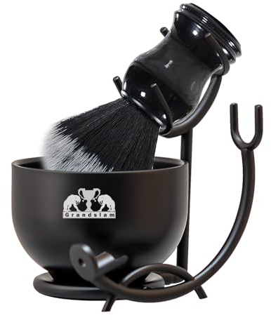 Grandslam 3 en 1 Set de Rasage, Kit de Rasage Barbier Comprenant un Blaireau de Rasage, un Bol de Rasage en Acier Inoxydable et Support Rasoir, Meilleur Cadeau pour père, mari (Noir)