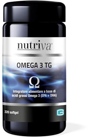 NUTRIVA Omega 3 TG, Integratore Alimentare Ricavato da Olio di Pesce, Ricco in Acidi Grassi Omega 3, Ideale per il Benessere del cuore e cervello - 220 Softgel