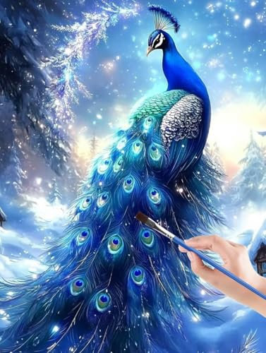 Winter Malen Nach Zahlen Erwachsene, DIY Paint By Numbers handgemaltes Ölgemälde Set für Anfänger und Erwachsene Pfau, Acrylfarbe, Kindergemälde, kreative Urlaub Geschenk Ungerahmt 40 x 50 cm D5-7