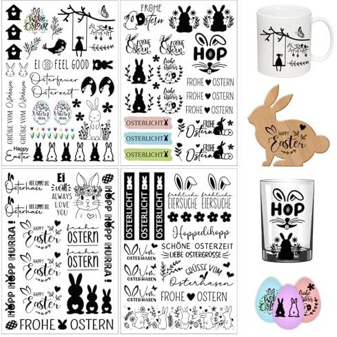 4 Stück A5 Rub On Sticker Ostern, Rub On Folie, 21x14cm Folie Transferaufkleber, Rub On Aufkleber, Ostern Sticker Ostereier Osterhasen Rub Ons Sprüche für Glas Holz Möbel Scrapbooking