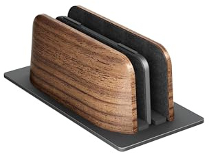 Thingy Club Adjustable Wooden Vertical Laptop Stand – Non-Slip Laptop & Tablet Holder for MacBook, Surface, Gaming Laptops, iPad & More (Walnut Black, Dual Slot)