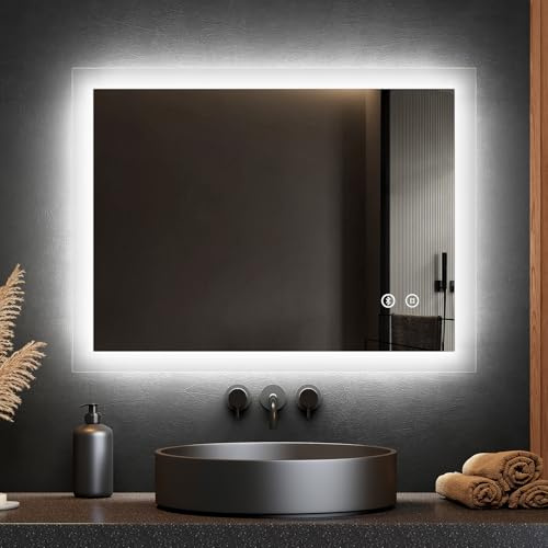 EMKE Bathroom Mirror with Lights and Shaver Socket, 450 x 600 mm LED Bathroom Mirror Wall Mounted, Safety Socket/Anti-fog/Dimmable/Touch Switch, LED Mirrors for Bathrooms, IP44, Horizontal