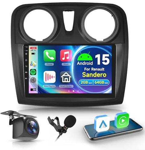 Hodozzy 2G+64G Radio para Renault Dacia Sandero 2012-2019 con Carplay Android Auto Inalámbrico, Reproductor 2 DIN 9 Pulgadas Pantalla Táctil Radio Coche GPS Bluetooth WiFi FM/RDS Cámara para Renault