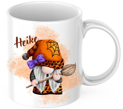 drunkLY Personalisierte Halloween Tasse mit Namen – Keramik Kaffee-Becher – Gnom Motiv – Grusel-Tasse, Hexe, Kürbis – Geschenk-Idee zu Halloween (Hexe in orange)