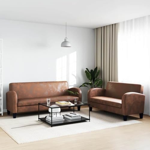 Mokuyary Sofa-Set 2-TLG. Kunstleder in Wildleder-Optik Braun, 2-Sitzer und 3-Sitzer Sofa Couch für Wohnzimmer Schlafzimmer Wohnung Gästezimmer Büro