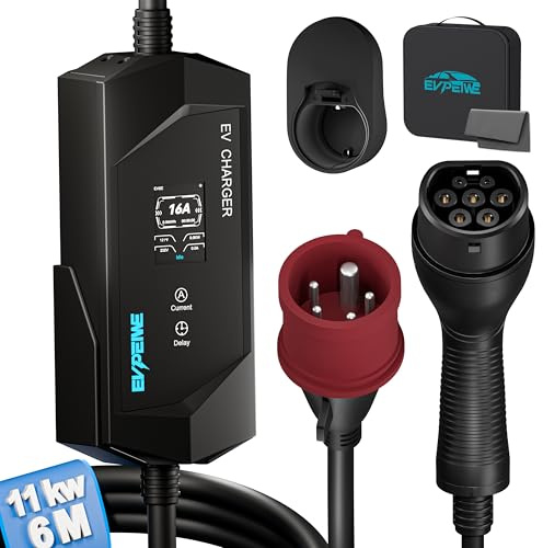 EVPEIWE Wallbox 11KW Typ 2 Ladekabel CEE Stecker 16A 3-Phasig 6M, Tragbar EV Ladegerät Typ 2 Ladekabel, mit Einstellbarer Ladeleistung für Model 3/Y, ID.4/ID.5, I4/IX1, ENYAQ PHEVs/EVs(Schwarz)