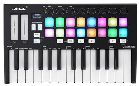 POENVFPO MIDI-Controller mit 25 Tasten, Stromversorgung über USB, Pads mit RGB-Hintergrundbeleuchtung, 16 Trigger-Pads, 8 Zuweisbaren Reglern, Berührungsempfindlichen Bedienelementen für die