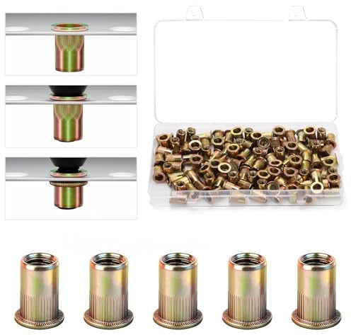 105 Pzs Tuercas Remachables M6 Galvanizadas, Cabeza Plana | Tuercas ciegas M6 con rosca interna, perfectas para chapas, placas metálicas, tubos y electrodomésticos.