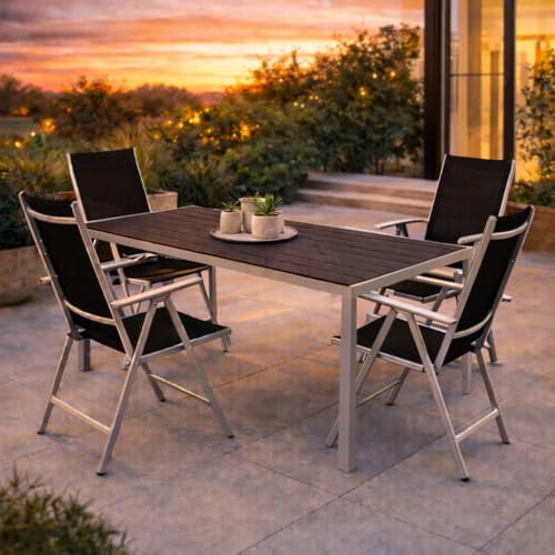 Mojawo 5tlg Outdoormöbel Set Gartenmöbel Gartengarnitur Nonwood Gartentisch 180x90cm +4 Hochlehner Klappstühle Schwarz